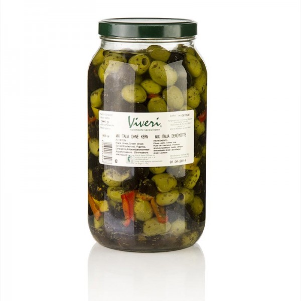 Oliven Mischung grüne & schwarze Oliven ohne Kern pikant eingelegt Vi... 3  kg, Abtropfgewicht 1,8 kg | Antipasti | Delikatessen | DELI-VINOS
