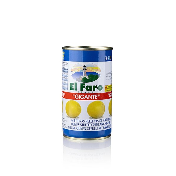 El Faro - Grüne Oliven ohne Kern mit Anchovis (Sardellen) GIGANTE El Faro
